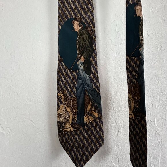 Norman Rockwell Man Walking His Dog Silk Necktie C1994 Fathers Day Navy Tie 57" - Picture 2 of 5